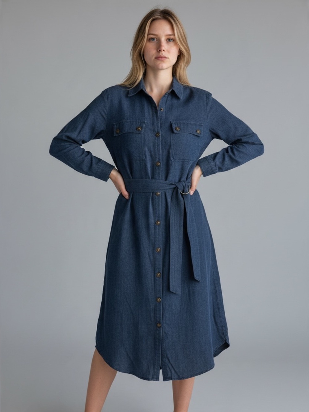 TravelSmith Navy Button-Front Belted Midi Shirt Dress
